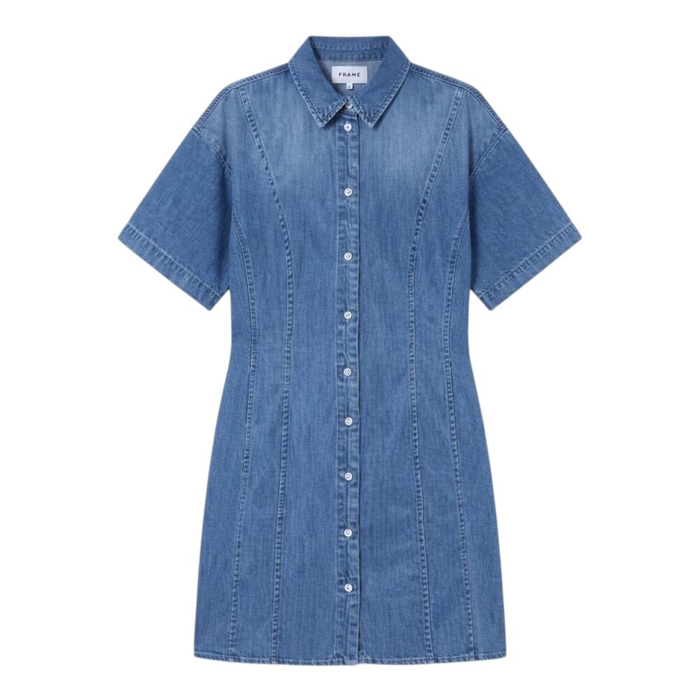 Frame Short Sleeve Button Front Blue Denim Dress | Size XS